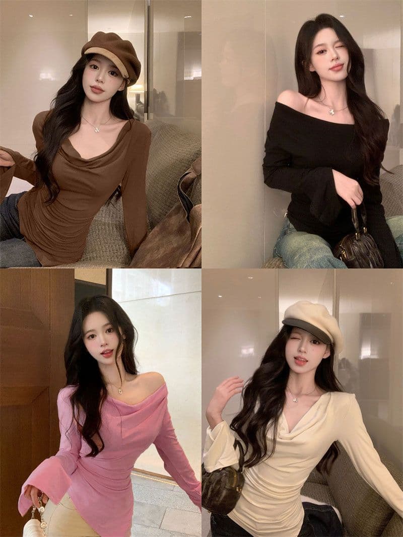 경관 그림 40 모달 260 그램 사람들 면 불규칙 荡荡 칼라 긴팔 티셔츠 쇄골 오프숄더 맨위 상세 이미지 28