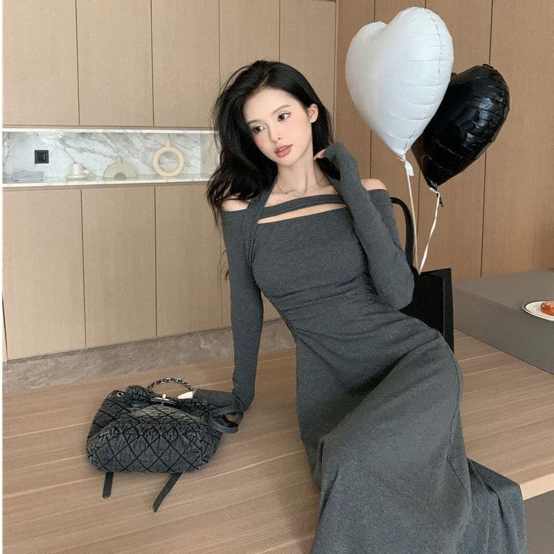 경관 그림 비틀림 실크 혼돈의 오프숄더 순수한 욕망 행침 목 긴팔 드레스 하이웨이스트 품격 무릎 아래 길다 치마 이미지 2