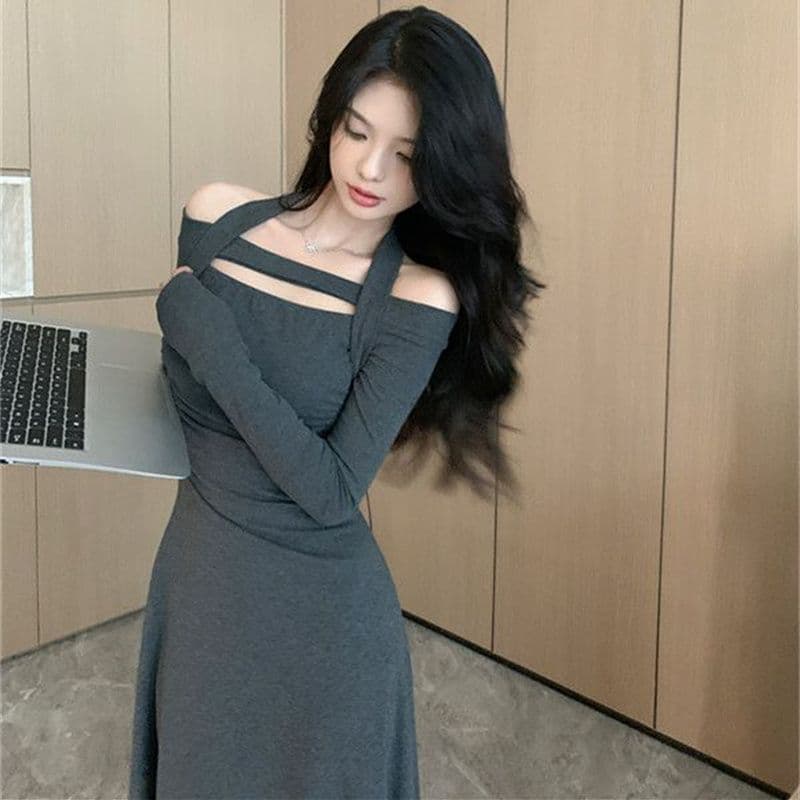 경관 그림 비틀림 실크 혼돈의 오프숄더 순수한 욕망 행침 목 긴팔 드레스 하이웨이스트 품격 무릎 아래 길다 치마