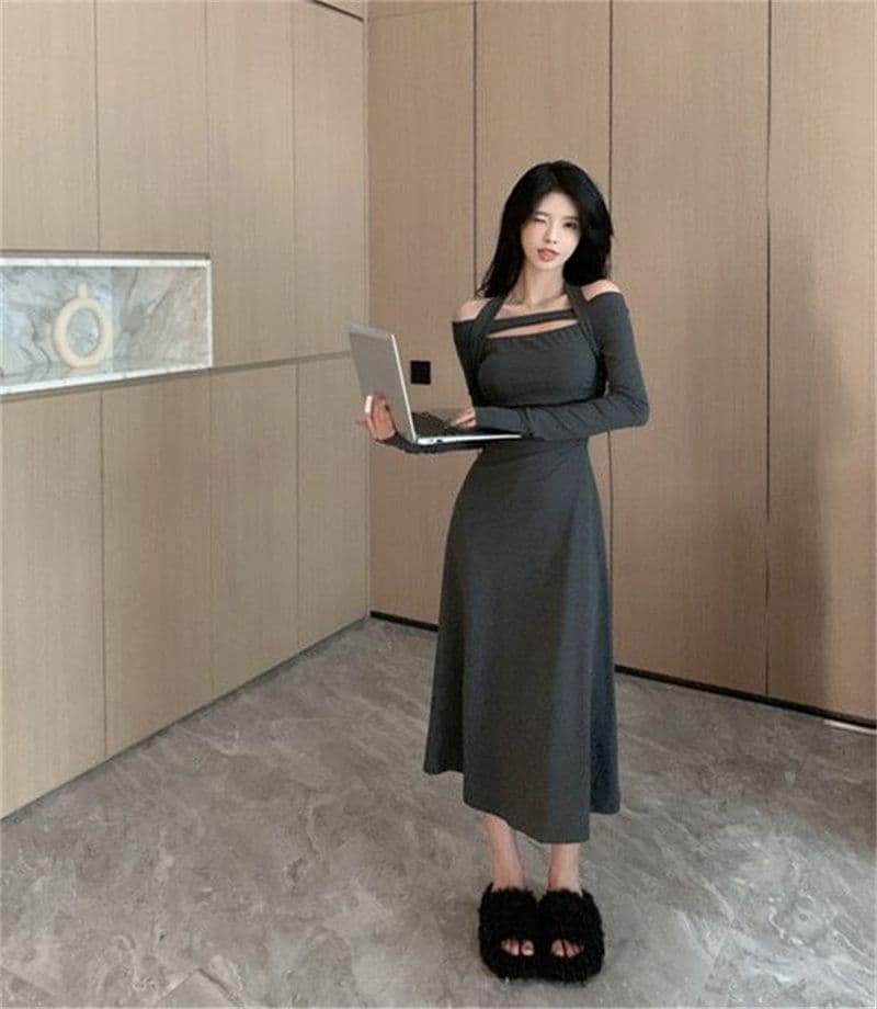 경관 그림 비틀림 실크 혼돈의 오프숄더 순수한 욕망 행침 목 긴팔 드레스 하이웨이스트 품격 무릎 아래 길다 치마 상세 이미지 3