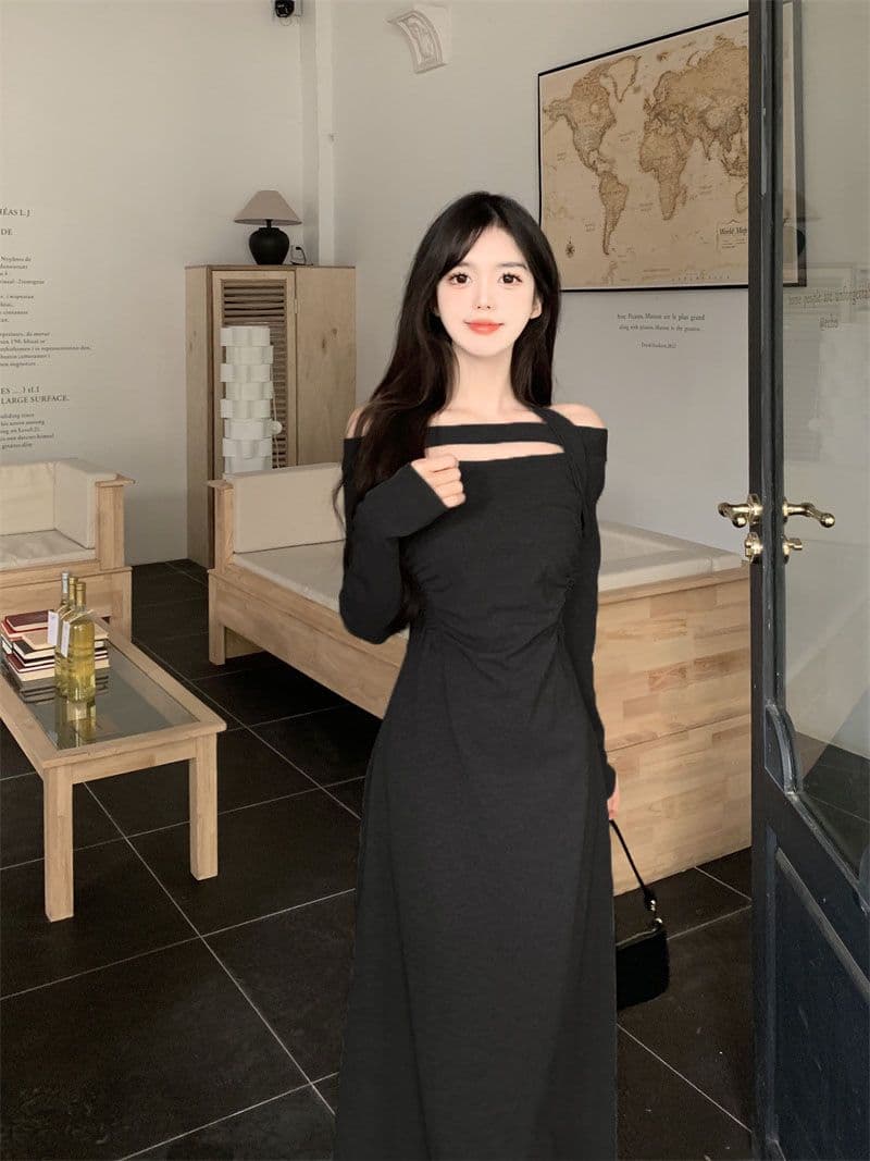 경관 그림 비틀림 실크 혼돈의 오프숄더 순수한 욕망 행침 목 긴팔 드레스 하이웨이스트 품격 무릎 아래 길다 치마 상세 이미지 5