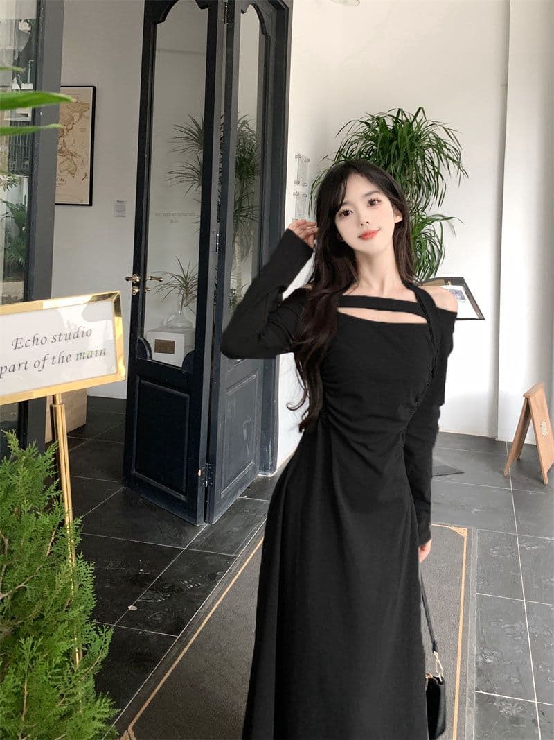 경관 그림 비틀림 실크 혼돈의 오프숄더 순수한 욕망 행침 목 긴팔 드레스 하이웨이스트 품격 무릎 아래 길다 치마 상세 이미지 7