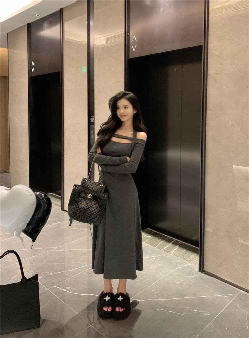 경관 그림 비틀림 실크 혼돈의 오프숄더 순수한 욕망 행침 목 긴팔 드레스 하이웨이스트 품격 무릎 아래 길다 치마 상세 이미지 10