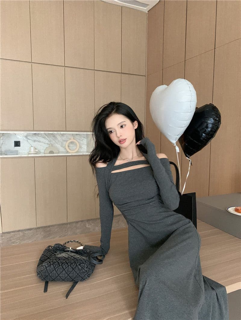 경관 그림 비틀림 실크 혼돈의 오프숄더 순수한 욕망 행침 목 긴팔 드레스 하이웨이스트 품격 무릎 아래 길다 치마 상세 이미지 13