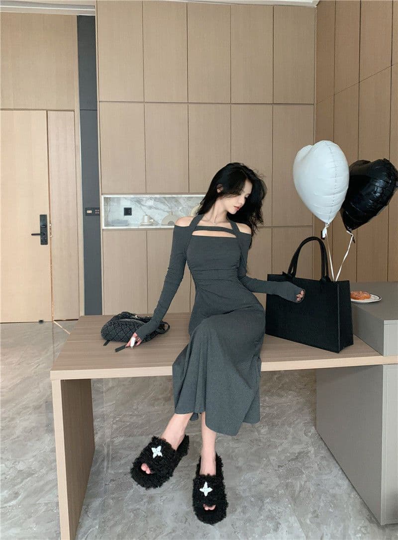 경관 그림 비틀림 실크 혼돈의 오프숄더 순수한 욕망 행침 목 긴팔 드레스 하이웨이스트 품격 무릎 아래 길다 치마 상세 이미지 17
