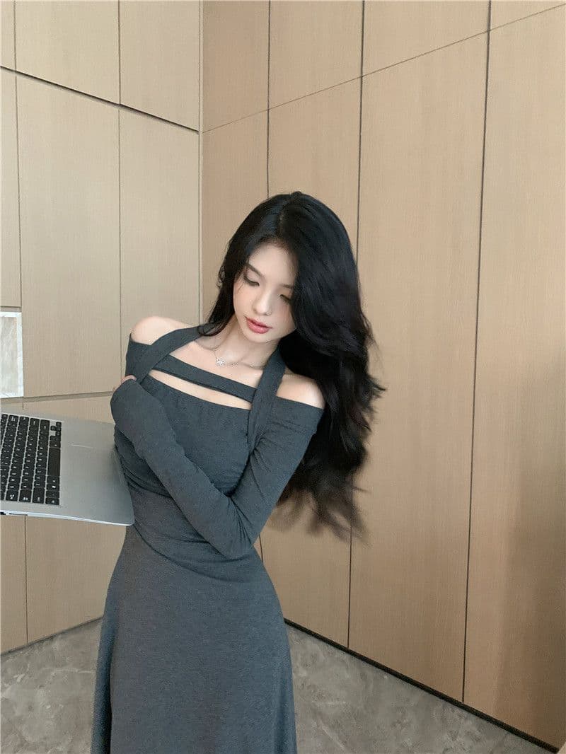 경관 그림 비틀림 실크 혼돈의 오프숄더 순수한 욕망 행침 목 긴팔 드레스 하이웨이스트 품격 무릎 아래 길다 치마 상세 이미지 19