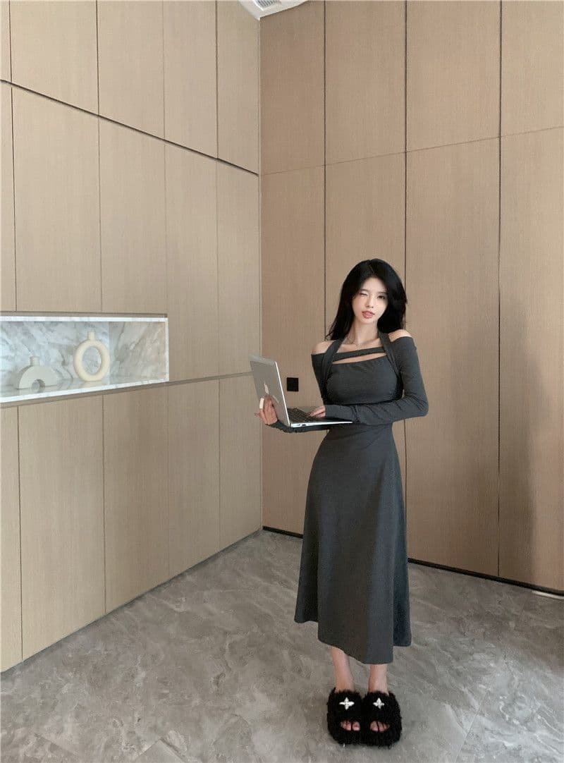 경관 그림 비틀림 실크 혼돈의 오프숄더 순수한 욕망 행침 목 긴팔 드레스 하이웨이스트 품격 무릎 아래 길다 치마 상세 이미지 20