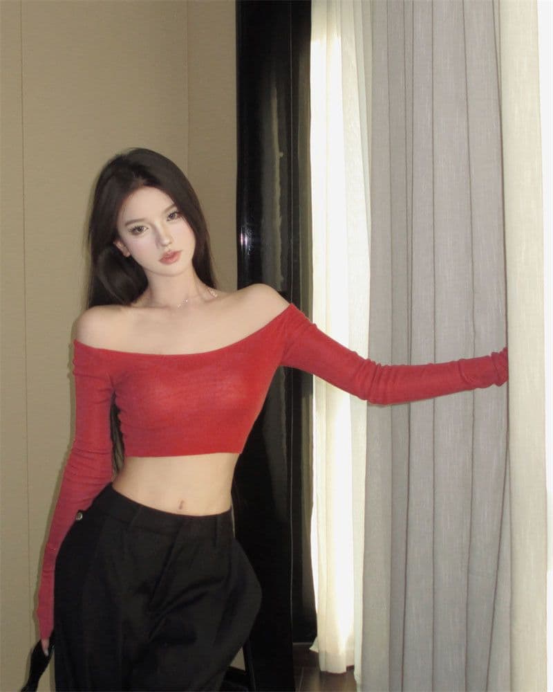 40 모달 260 그램 사람들 면 오프숄더 긴팔 섹시함 타이트 오프숄더 쇄골 쇼트 스타일 맨위 상세 이미지 2