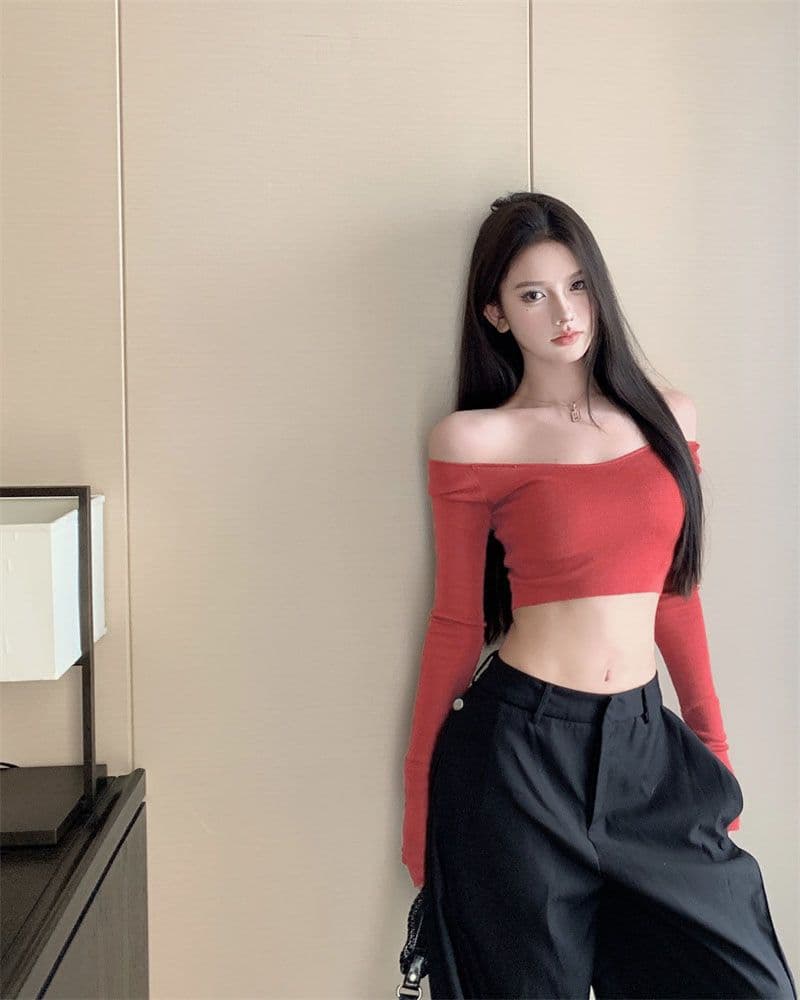 40 모달 260 그램 사람들 면 오프숄더 긴팔 섹시함 타이트 오프숄더 쇄골 쇼트 스타일 맨위 상세 이미지 3