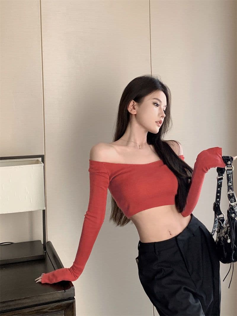 40 모달 260 그램 사람들 면 오프숄더 긴팔 섹시함 타이트 오프숄더 쇄골 쇼트 스타일 맨위 상세 이미지 5