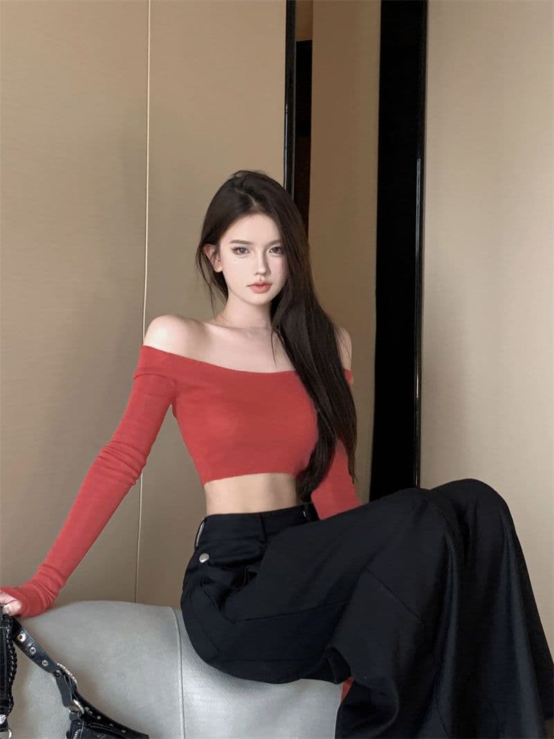 40 모달 260 그램 사람들 면 오프숄더 긴팔 섹시함 타이트 오프숄더 쇄골 쇼트 스타일 맨위 상세 이미지 8