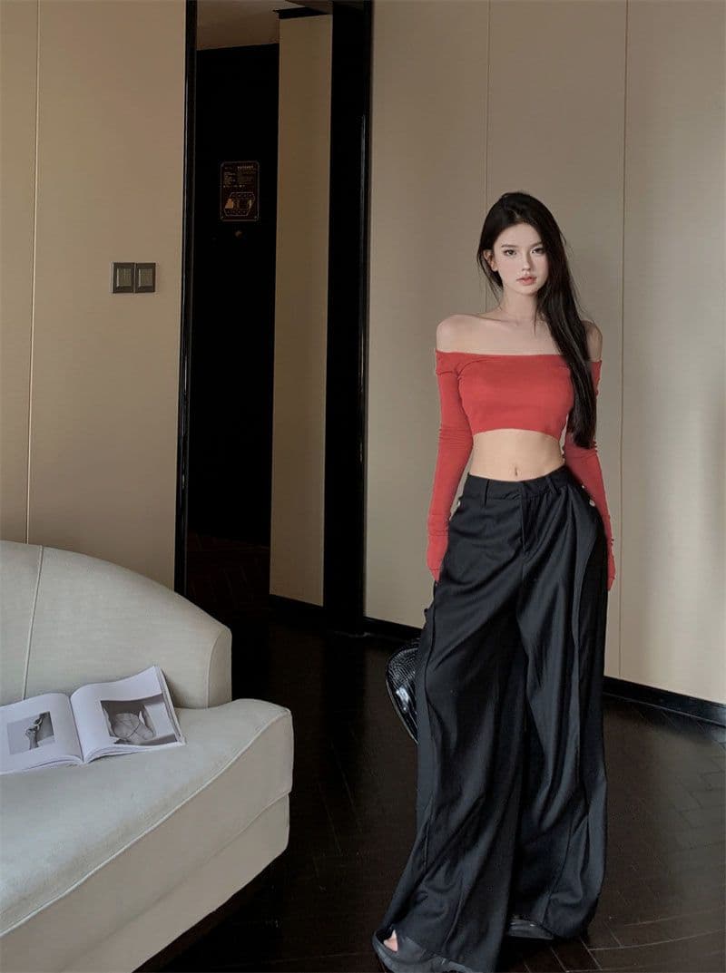 40 모달 260 그램 사람들 면 오프숄더 긴팔 섹시함 타이트 오프숄더 쇄골 쇼트 스타일 맨위 상세 이미지 9