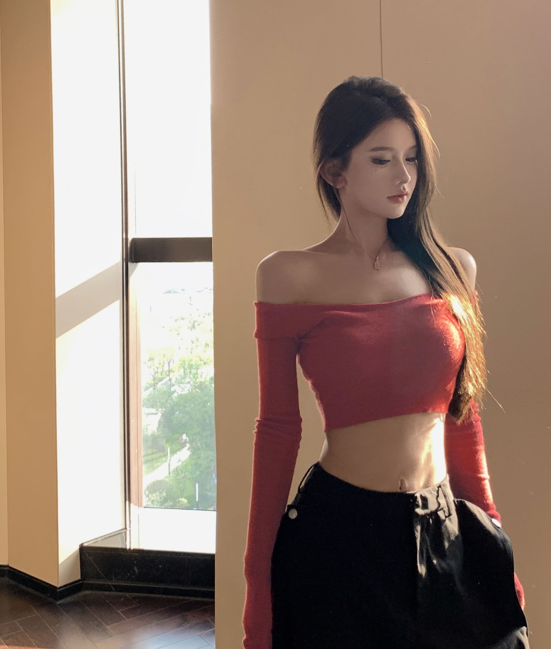 40 모달 260 그램 사람들 면 오프숄더 긴팔 섹시함 타이트 오프숄더 쇄골 쇼트 스타일 맨위 상세 이미지 10