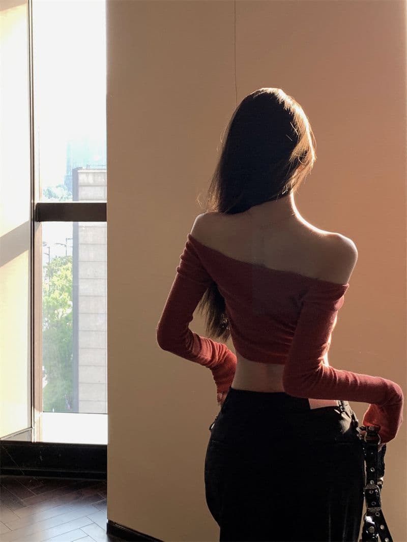 40 모달 260 그램 사람들 면 오프숄더 긴팔 섹시함 타이트 오프숄더 쇄골 쇼트 스타일 맨위 상세 이미지 12