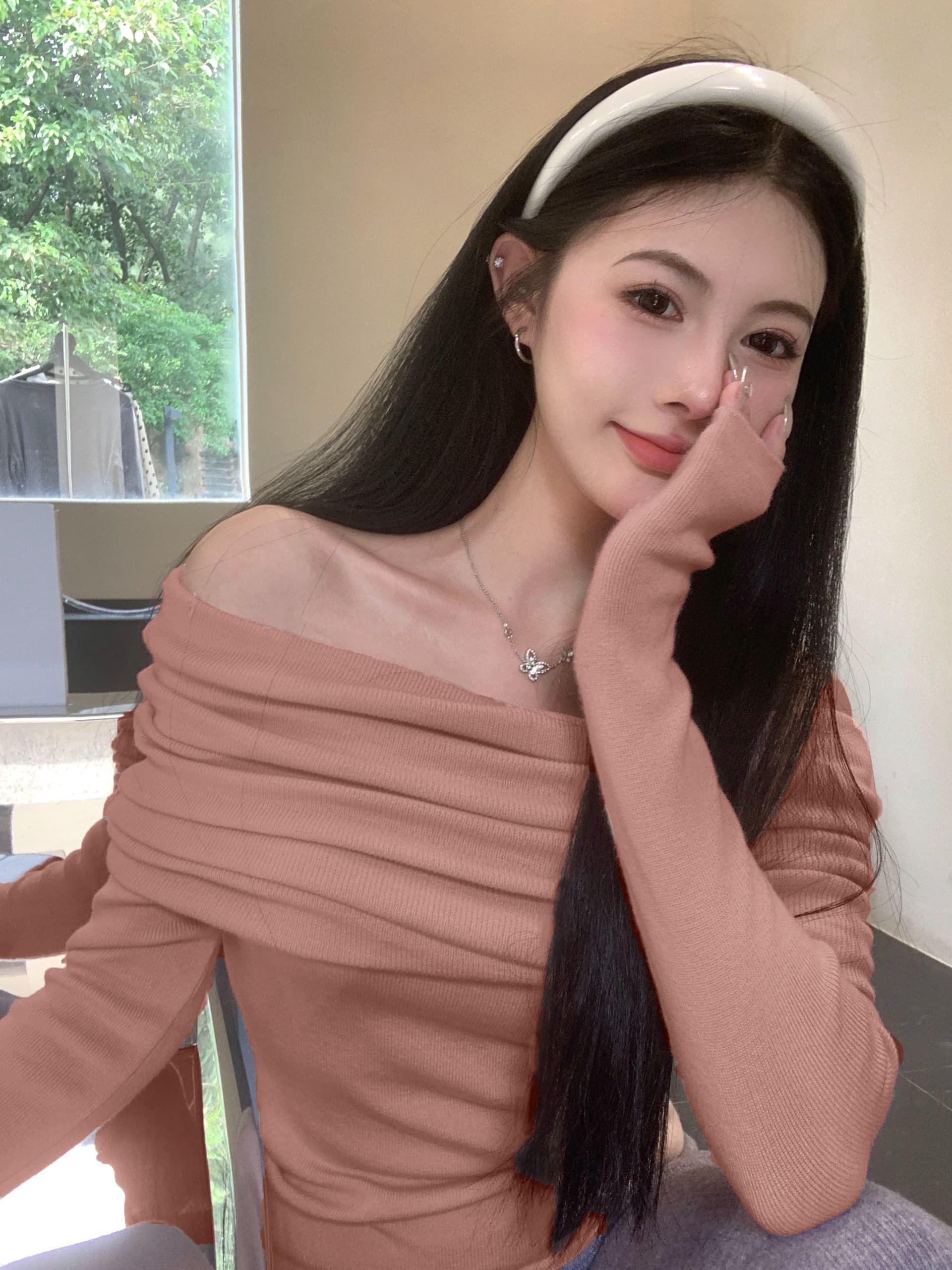 경관 그림 40 모달 260 그램 사람들 면 핑크색 부드러운 바람 몸매 가꾸기 인사이드 가져 가라. 보트넥 오프숄더 맨위 상세 이미지 2