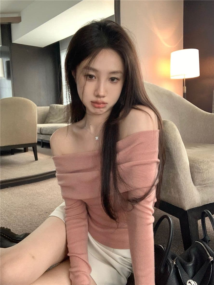 경관 그림 40 모달 260 그램 사람들 면 핑크색 부드러운 바람 몸매 가꾸기 인사이드 가져 가라. 보트넥 오프숄더 맨위 상세 이미지 4