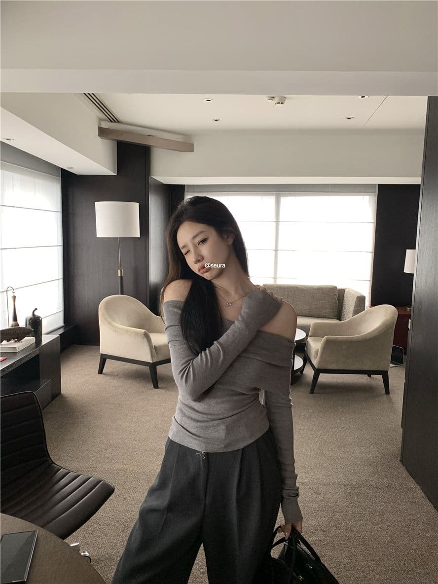 경관 그림 40 모달 260 그램 사람들 면 핑크색 부드러운 바람 몸매 가꾸기 인사이드 가져 가라. 보트넥 오프숄더 맨위 상세 이미지 25