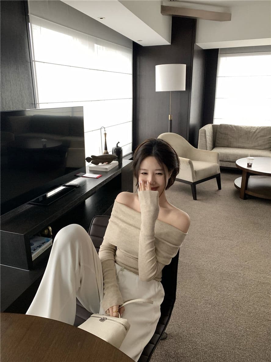 경관 그림 40 모달 260 그램 사람들 면 핑크색 부드러운 바람 몸매 가꾸기 인사이드 가져 가라. 보트넥 오프숄더 맨위 상세 이미지 34