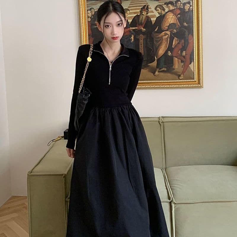 경관 그림 230 크 높음 폭탄 기사 드레스 새로운 디자인 센스 패치워크 하이웨이스트 슬림해 보이는 품격 길다 치마 이미지 4
