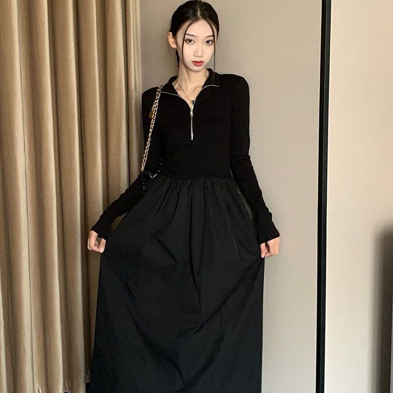 경관 그림 230 크 높음 폭탄 기사 드레스 새로운 디자인 센스 패치워크 하이웨이스트 슬림해 보이는 품격 길다 치마 상세 이미지 2