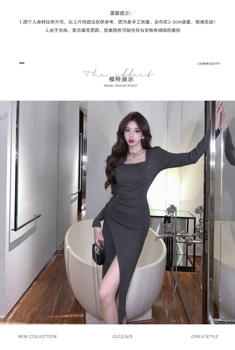 230 크 높음 폭탄 기사 광장 칼라 긴팔 드레스 가을 몸매 가꾸기 슬림해 보이는 허리 수축 고급 센스 트임 치마 상세 이미지 3
