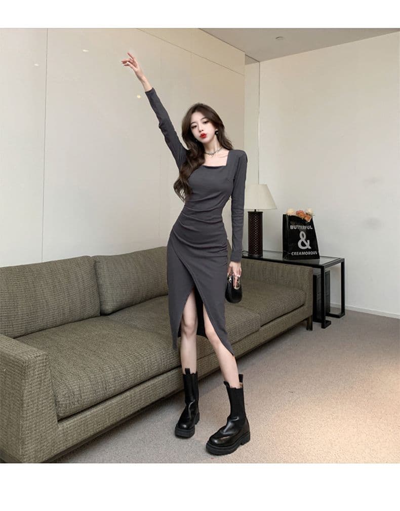 230 크 높음 폭탄 기사 광장 칼라 긴팔 드레스 가을 몸매 가꾸기 슬림해 보이는 허리 수축 고급 센스 트임 치마 상세 이미지 4