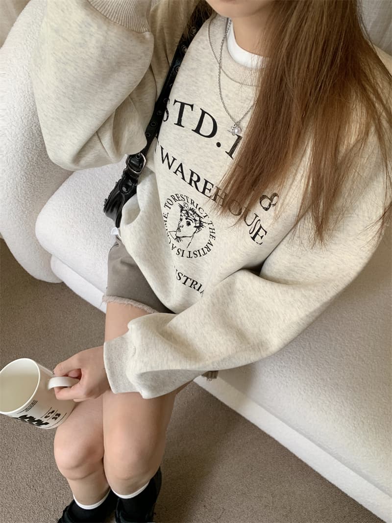 얇은 스타일 털이 있는 한국 스타일 하라주쿠 bf 풀오버 라운드 넥 후드티 여자 학생 소금 부서 루즈핏 맨위 가을 겨울철 재킷 상세 이미지 2