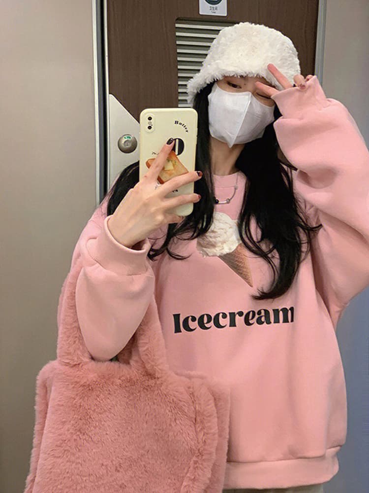 얇은 스타일 털이 있는 한국 스타일 하라주쿠 bf 풀오버 라운드 넥 후드티 여자 학생 소금 부서 루즈핏 맨위 가을 겨울철 재킷 이미지 2