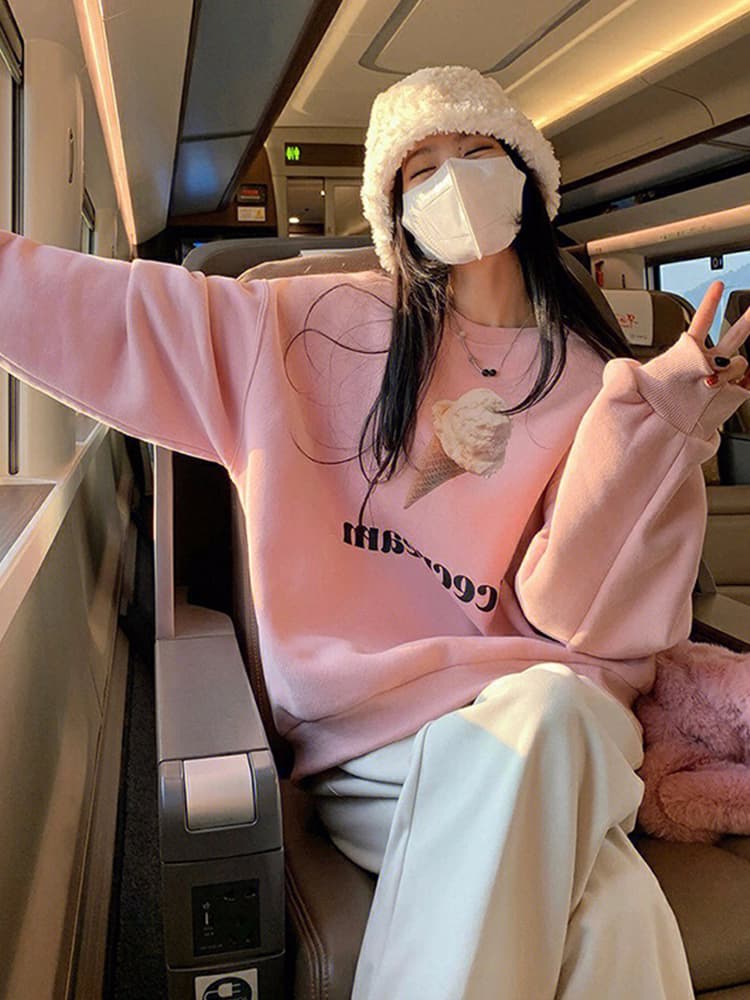 얇은 스타일 털이 있는 한국 스타일 하라주쿠 bf 풀오버 라운드 넥 후드티 여자 학생 소금 부서 루즈핏 맨위 가을 겨울철 재킷 상세 이미지 5