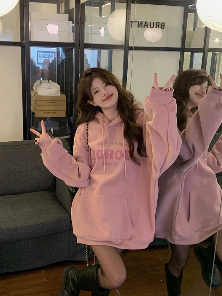 얇은 스타일 털이 있는 한국 스타일 하라주쿠 bf 풀오버 후드 티 스웨터 여자 학생 소금 부서 루즈핏 맨위 가을 겨울철 재킷 상세 이미지 5