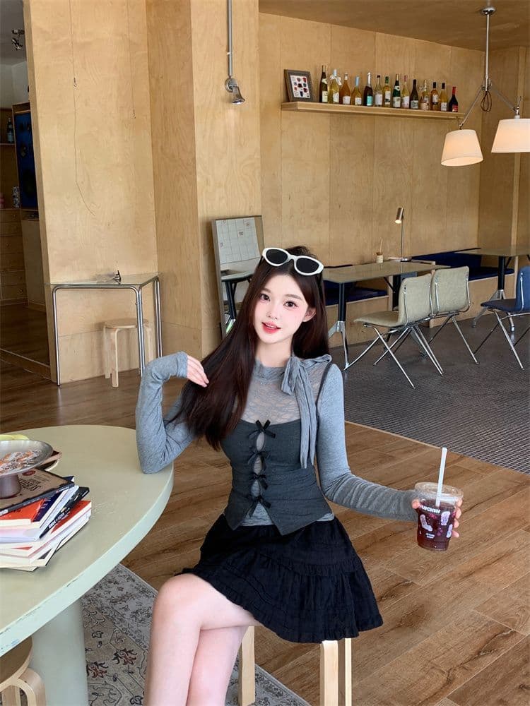 원본 레이스 사람들 면 한 부서 회색 참 및 거짓 두 조각 긴팔 여성 가을 핫걸 맨위 투피스 세트 이미지 3