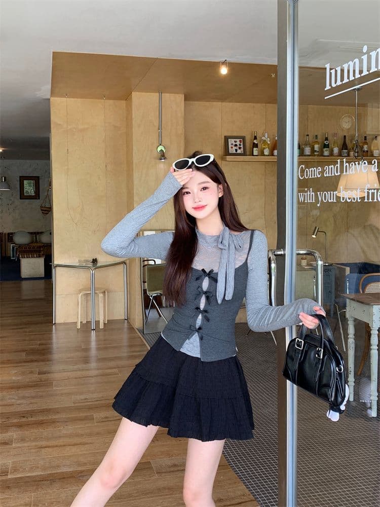 원본 레이스 사람들 면 한 부서 회색 참 및 거짓 두 조각 긴팔 여성 가을 핫걸 맨위 투피스 세트 이미지 2