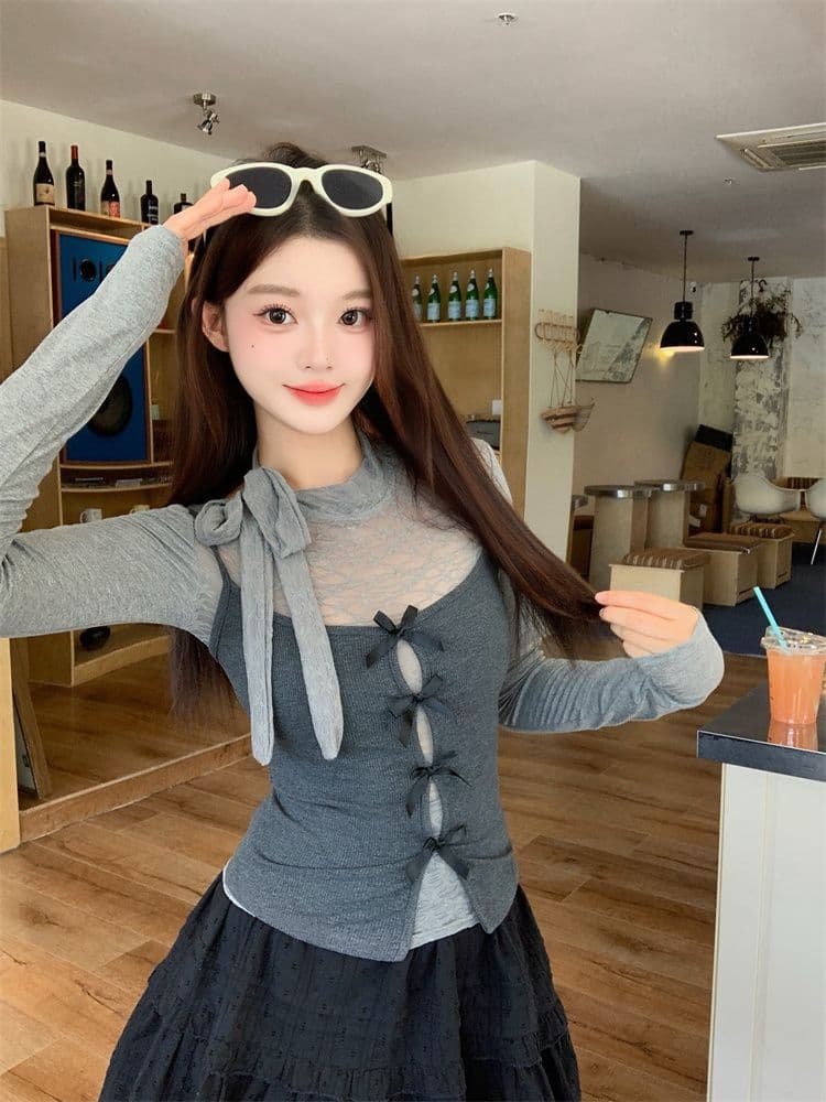 원본 레이스 사람들 면 한 부서 회색 참 및 거짓 두 조각 긴팔 여성 가을 핫걸 맨위 투피스 세트 상세 이미지 4