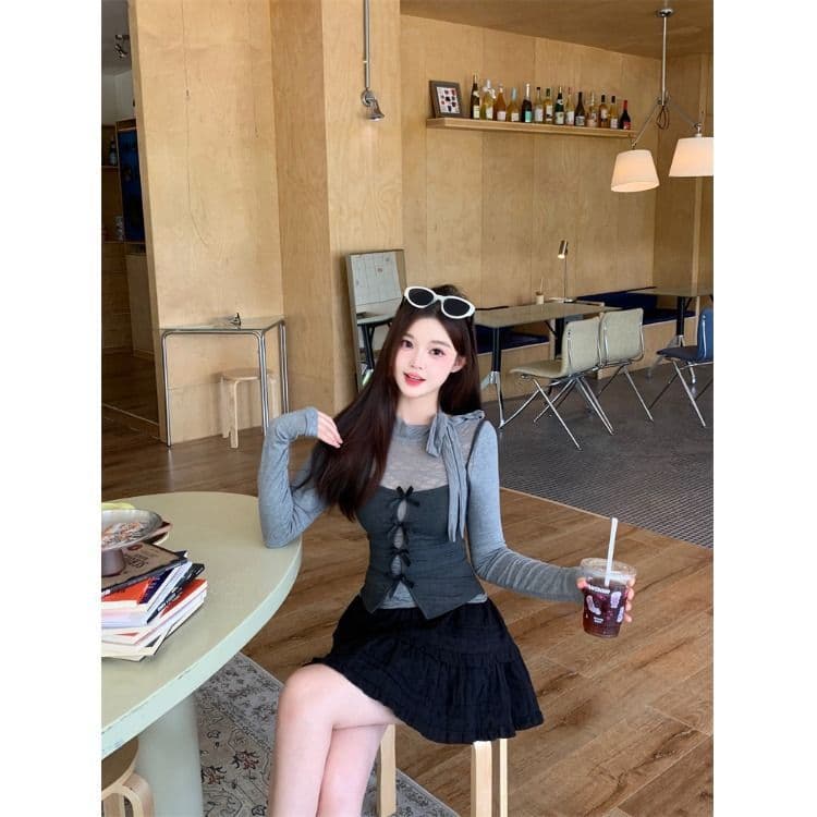 원본 레이스 사람들 면 한 부서 회색 참 및 거짓 두 조각 긴팔 여성 가을 핫걸 맨위 투피스 세트 상세 이미지 8