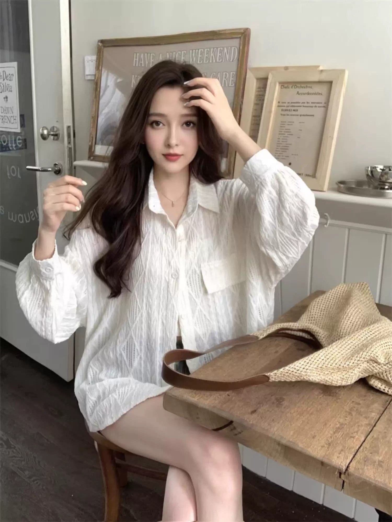 경관 그림 원본 품질 얇은 스타일 태양 보호 셔츠 여성 코트 가을 홀로우 아웃 자수 셔츠 맨위 이미지 2