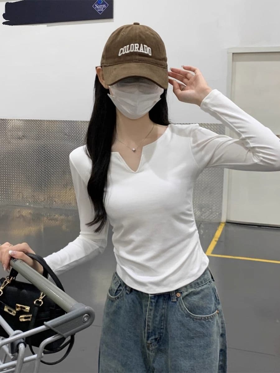 40 1 1 리브 면 펌프 Pleat 수신 벨트 가슴 패드 기본 셔츠 여성 긴 소매 티셔츠 인사이드 가져 가라. 가을 가을 겨울 맨위