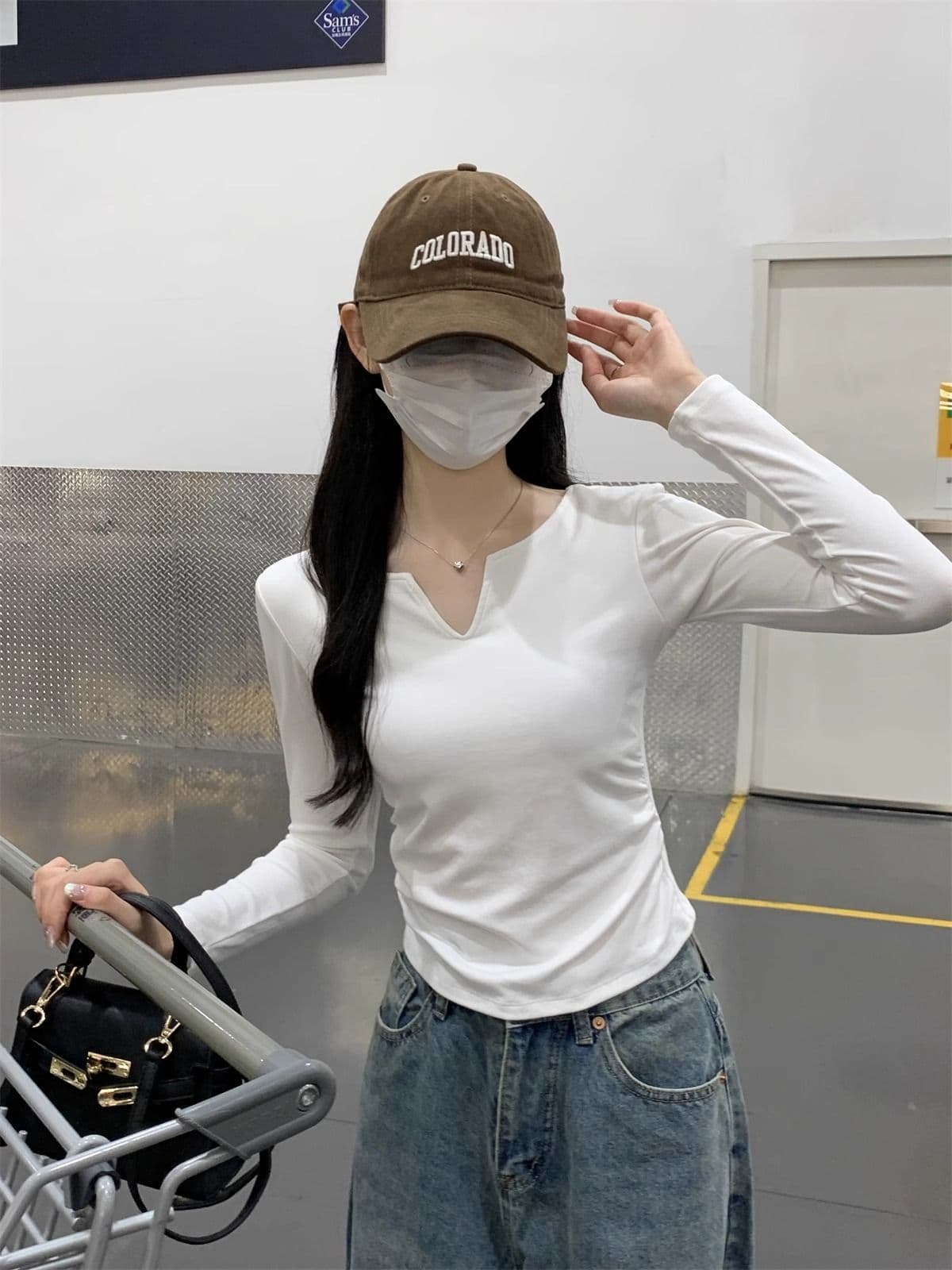 40 1 1 리브 면 펌프 Pleat 수신 벨트 가슴 패드 기본 셔츠 여성 긴 소매 티셔츠 인사이드 가져 가라. 가을 가을 겨울 맨위 상세 이미지 4
