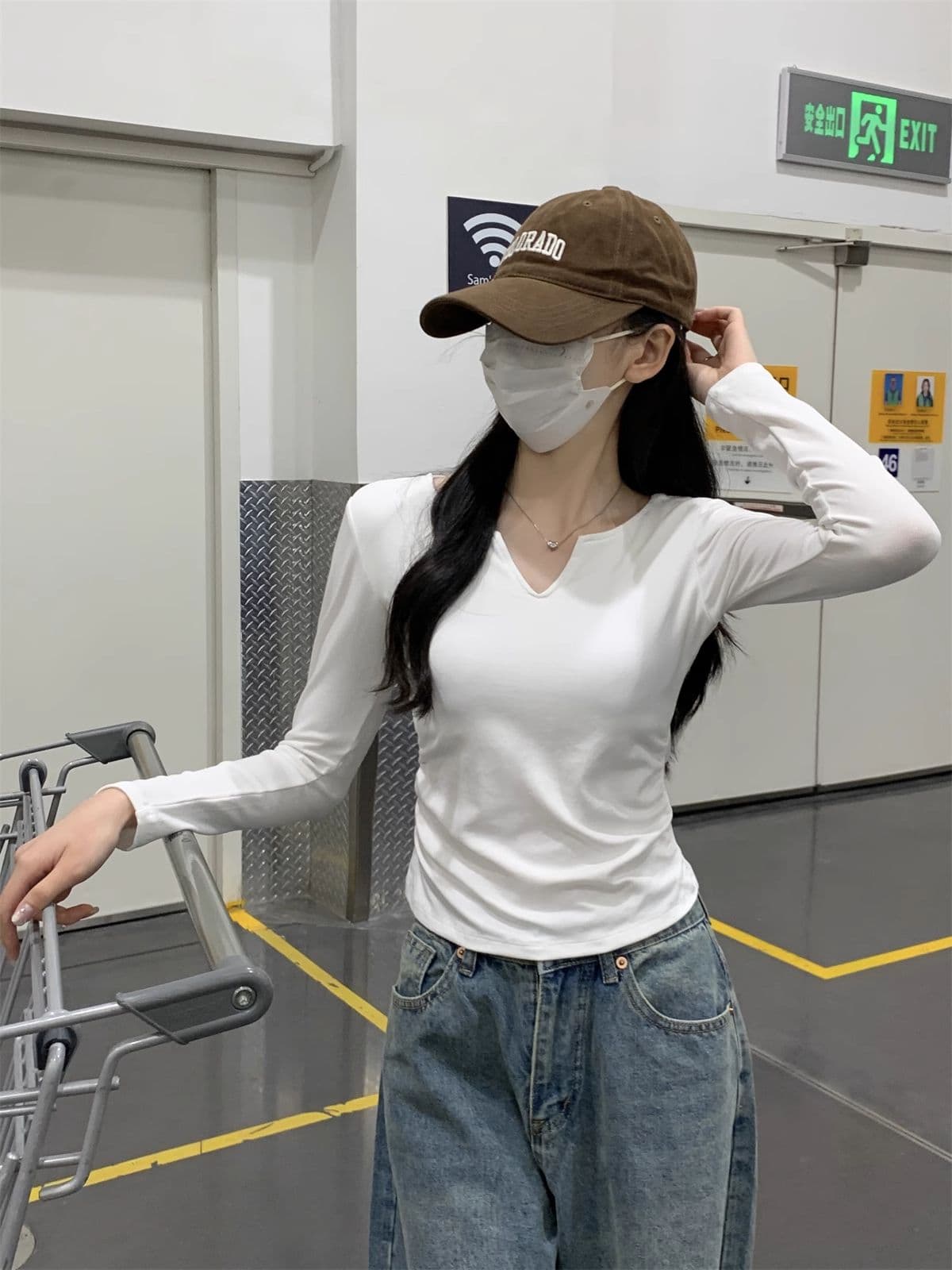 40 1 1 리브 면 펌프 Pleat 수신 벨트 가슴 패드 기본 셔츠 여성 긴 소매 티셔츠 인사이드 가져 가라. 가을 가을 겨울 맨위 상세 이미지 6