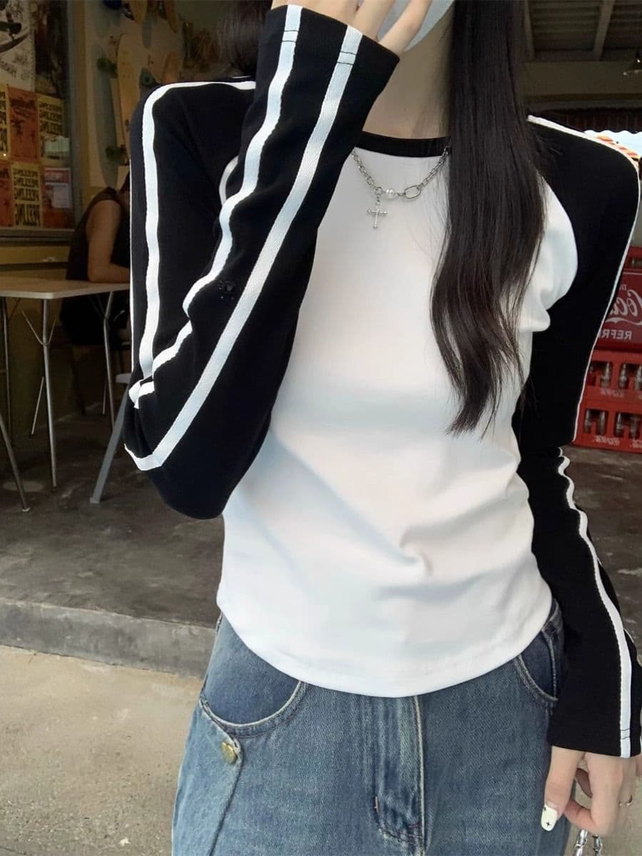 40 1 1 리브 면 레트로 삽입 어깨 티셔츠 여성 2026 가을 한국 스타일 핫걸 ins 긴팔 만나는 인사이드 가져 가라. 이미지 4