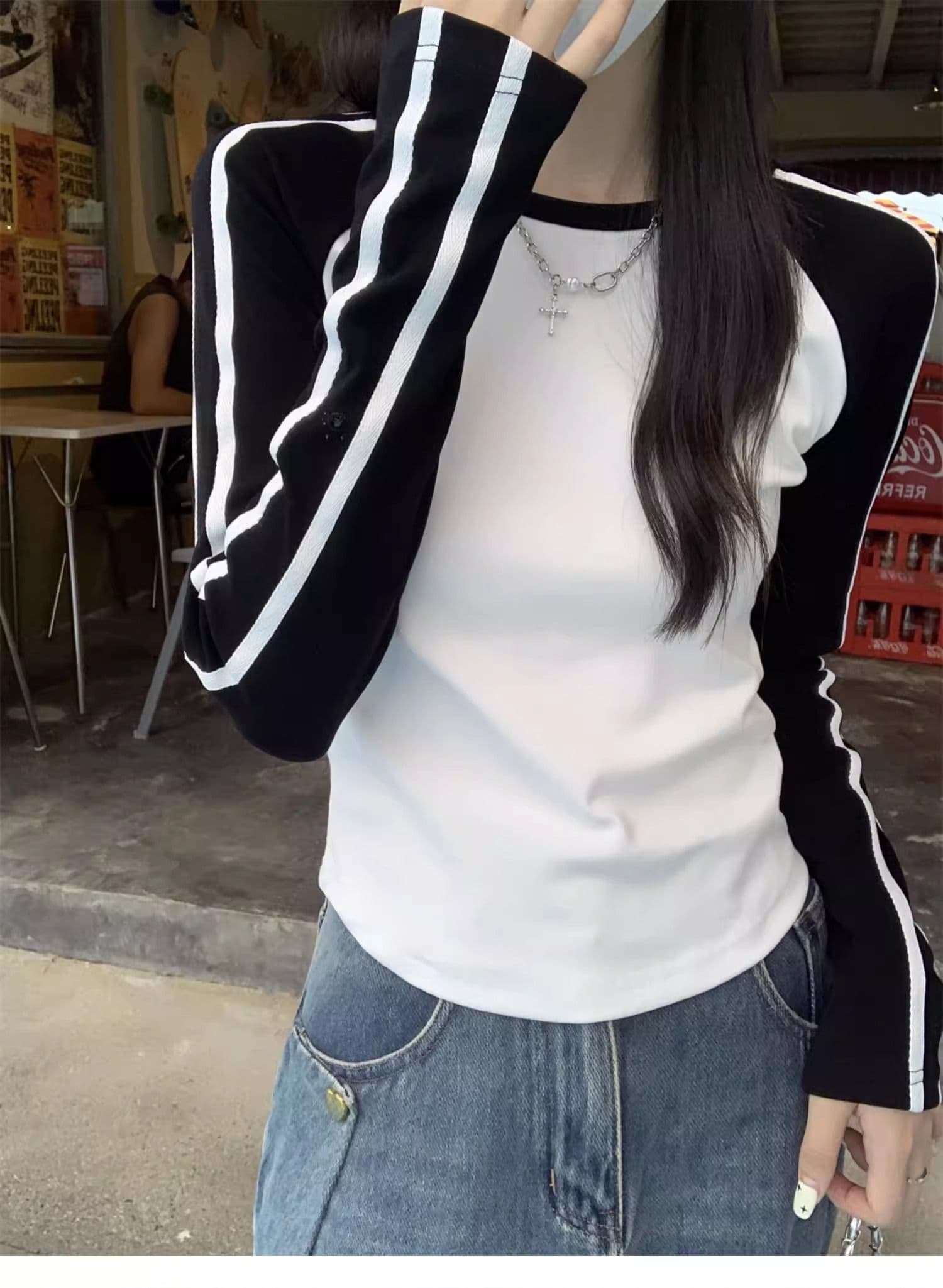 40 1 1 리브 면 레트로 삽입 어깨 티셔츠 여성 2026 가을 한국 스타일 핫걸 ins 긴팔 만나는 인사이드 가져 가라. 상세 이미지 13