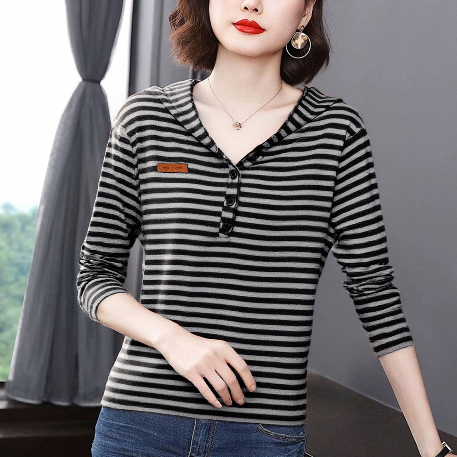 m-4xl 스트라이프 후드티 여성 가을 새로운 연령 감소 긴팔 한국 스타일 패션 다용도 슬림해 보이는 맨위 트렌디 상세 이미지 2