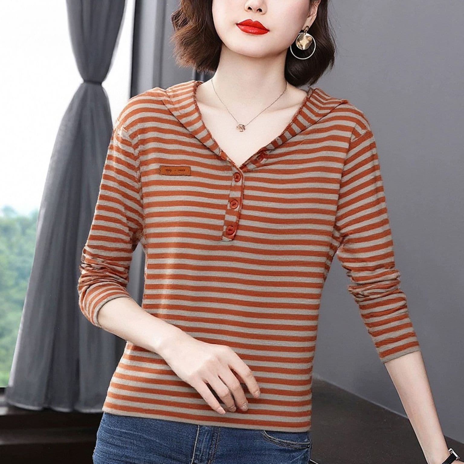 m-4xl 스트라이프 후드티 여성 가을 새로운 연령 감소 긴팔 한국 스타일 패션 다용도 슬림해 보이는 맨위 트렌디 상세 이미지 3