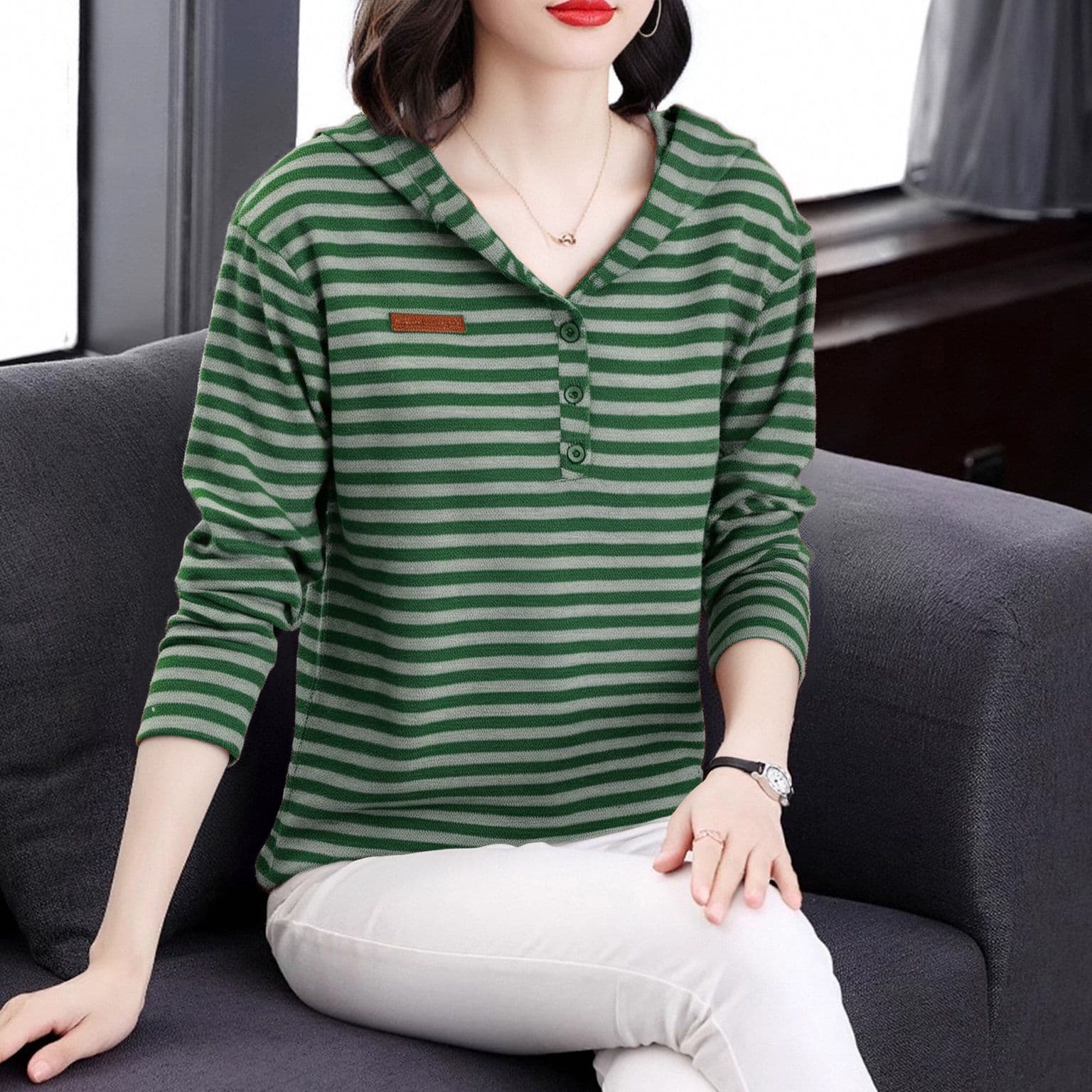 m-4xl 스트라이프 후드티 여성 가을 새로운 연령 감소 긴팔 한국 스타일 패션 다용도 슬림해 보이는 맨위 트렌디 상세 이미지 10