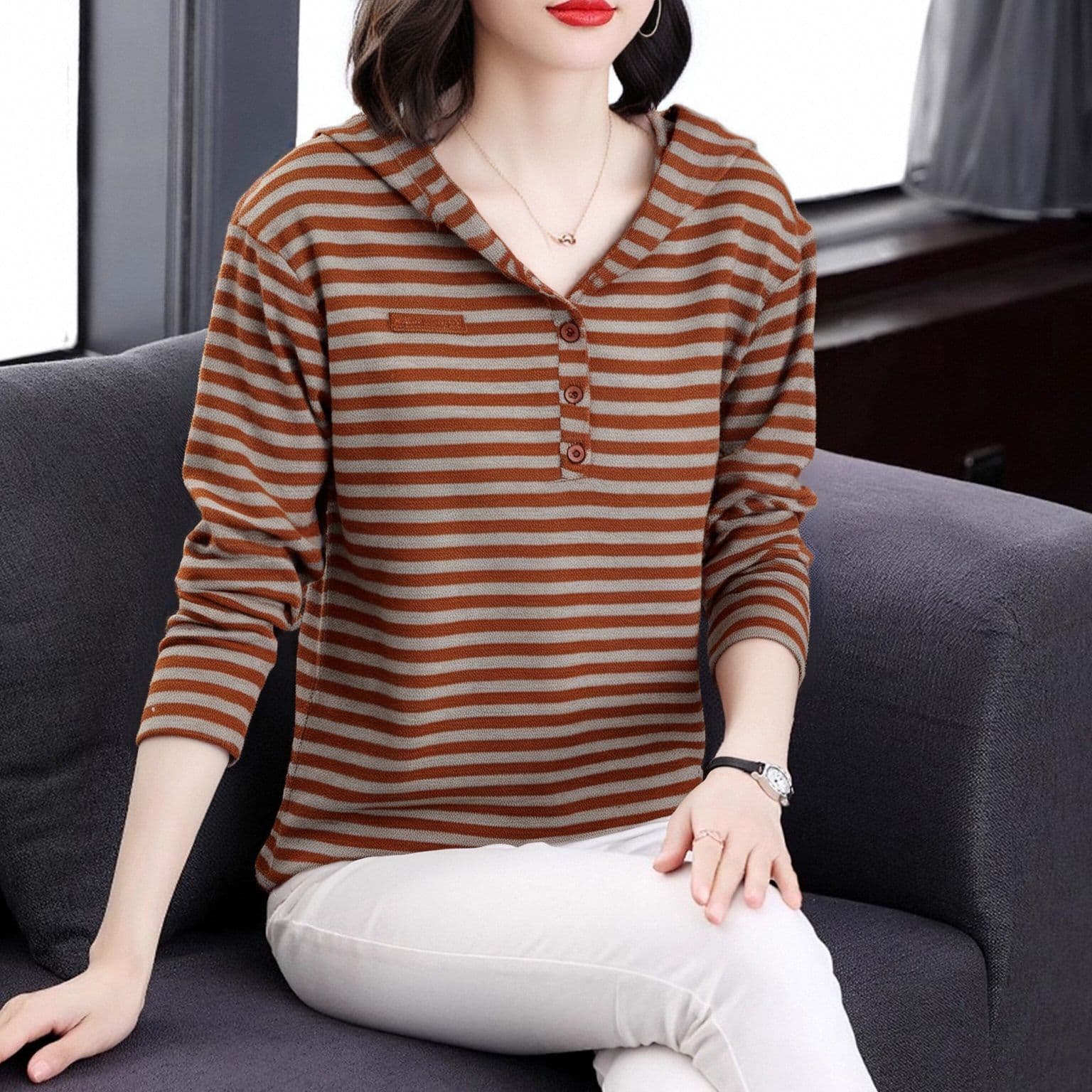m-4xl 스트라이프 후드티 여성 가을 새로운 연령 감소 긴팔 한국 스타일 패션 다용도 슬림해 보이는 맨위 트렌디 상세 이미지 12