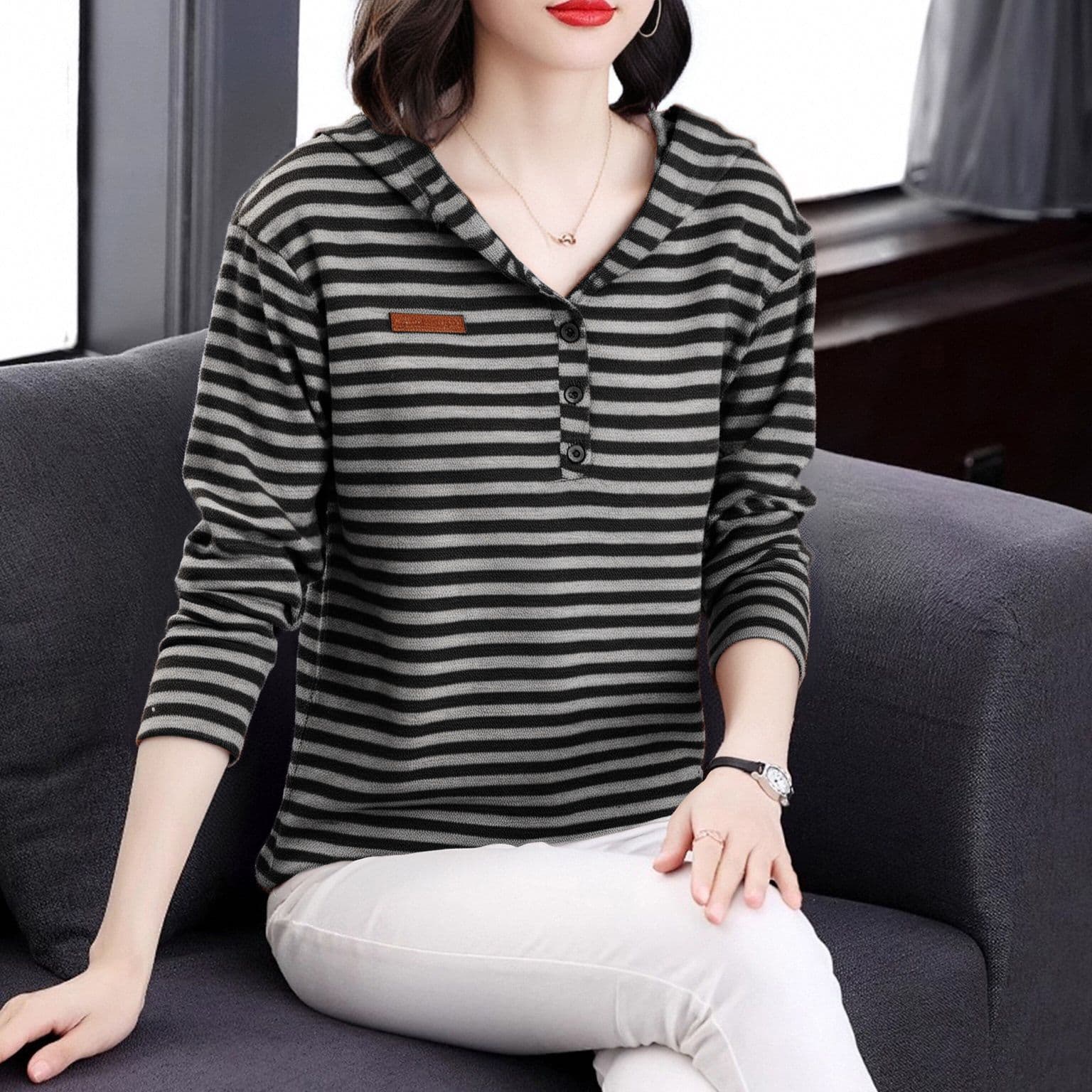 m-4xl 스트라이프 후드티 여성 가을 새로운 연령 감소 긴팔 한국 스타일 패션 다용도 슬림해 보이는 맨위 트렌디 상세 이미지 14