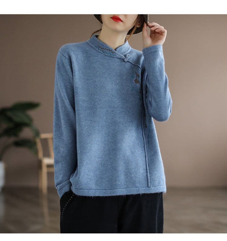 m-4xl De 플러시 털이 있고 두꺼운 문예 레트로 긴팔 티셔츠 여성 가을 겨울 코트 외출용 맨위 자수 기본 셔츠 상세 이미지 14