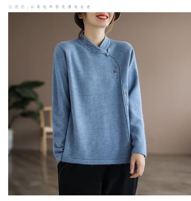 m-4xl De 플러시 털이 있고 두꺼운 문예 레트로 긴팔 티셔츠 여성 가을 겨울 코트 외출용 맨위 자수 기본 셔츠 상세 이미지 15