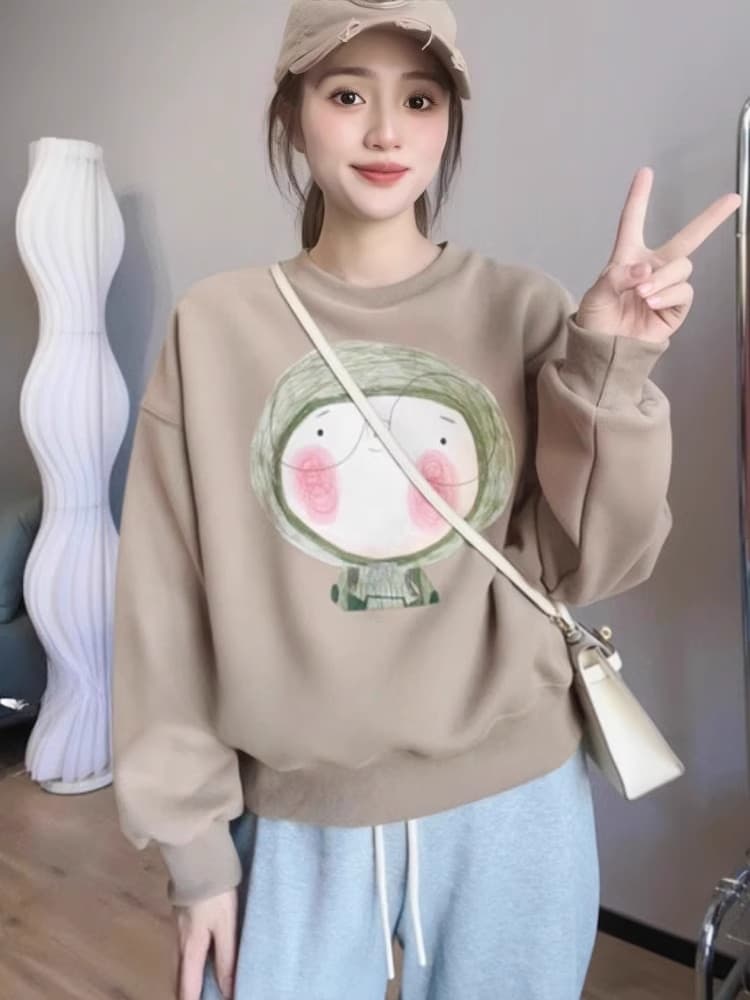 얇은 스타일 털이 있는 한국 스타일 하라주쿠 bf 풀오버 라운드 넥 후드티 여자 학생 소금 부서 루즈핏 맨위 가을 겨울철 재킷
