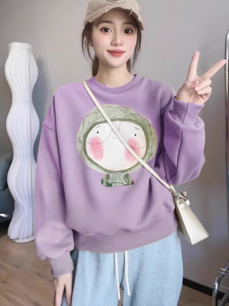 얇은 스타일 털이 있는 한국 스타일 하라주쿠 bf 풀오버 라운드 넥 후드티 여자 학생 소금 부서 루즈핏 맨위 가을 겨울철 재킷 이미지 4