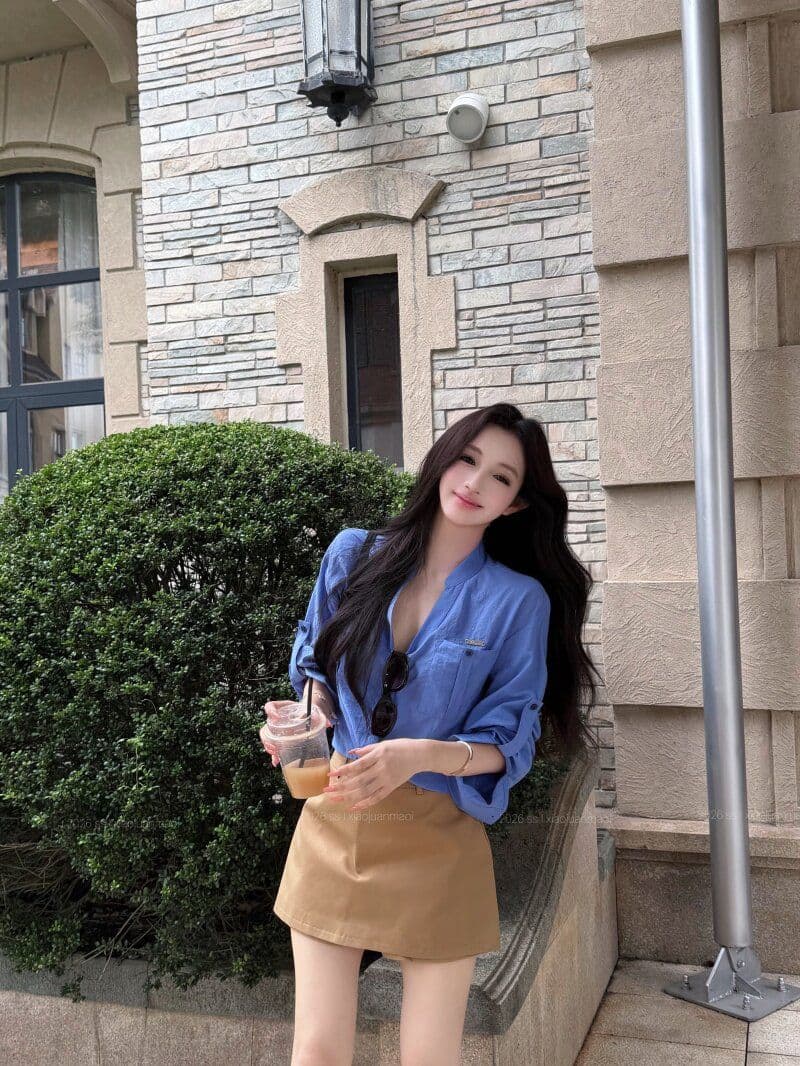 원본 원단 파란색 스탠드 칼라 루즈핏 긴팔 여성 셔츠 가을 V넥 여성 셔츠 조기 가을 셔츠 이미지 4